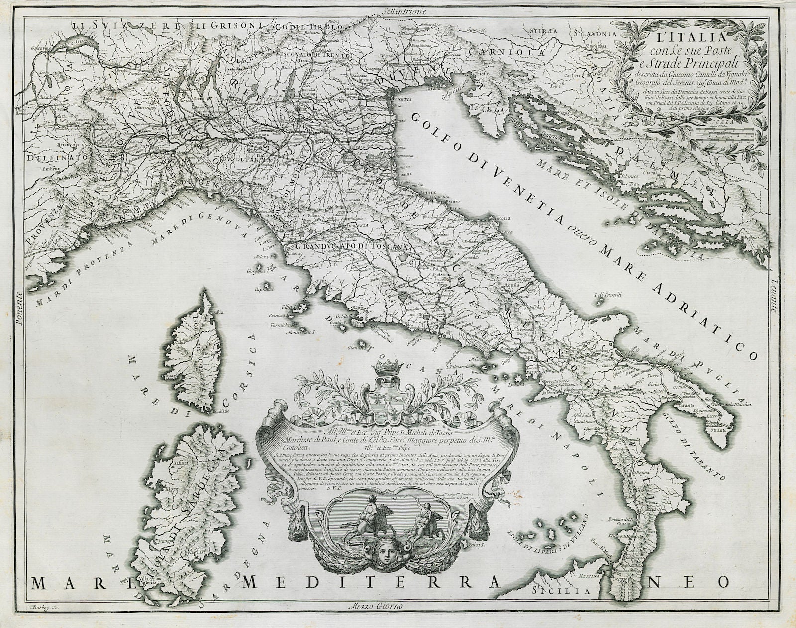 L'Italia con le sue Poste e Strade… Italy post roads. ROSSI / CANTELLI 1695 map